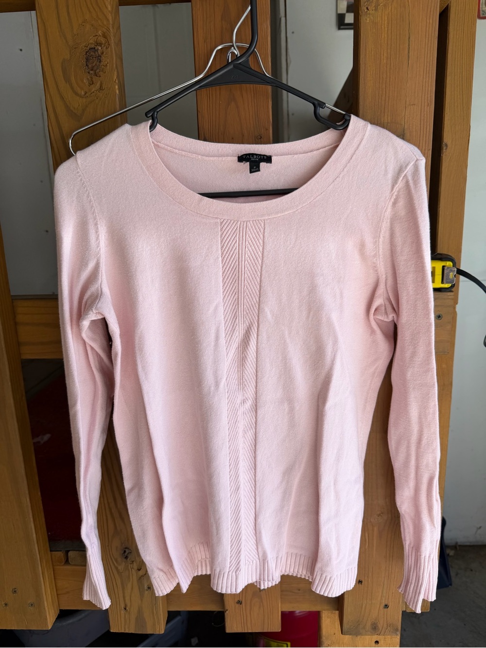 Talbots Pale Pink Crewneck Sweater with Center Cable Panel